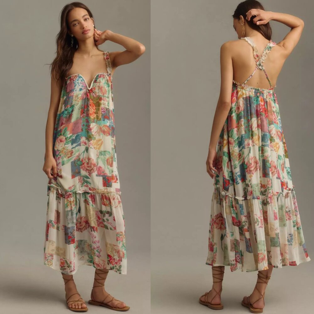 Anthropologie Floral Patchwork Midi Dress in Cream, Pink, Green, Blue